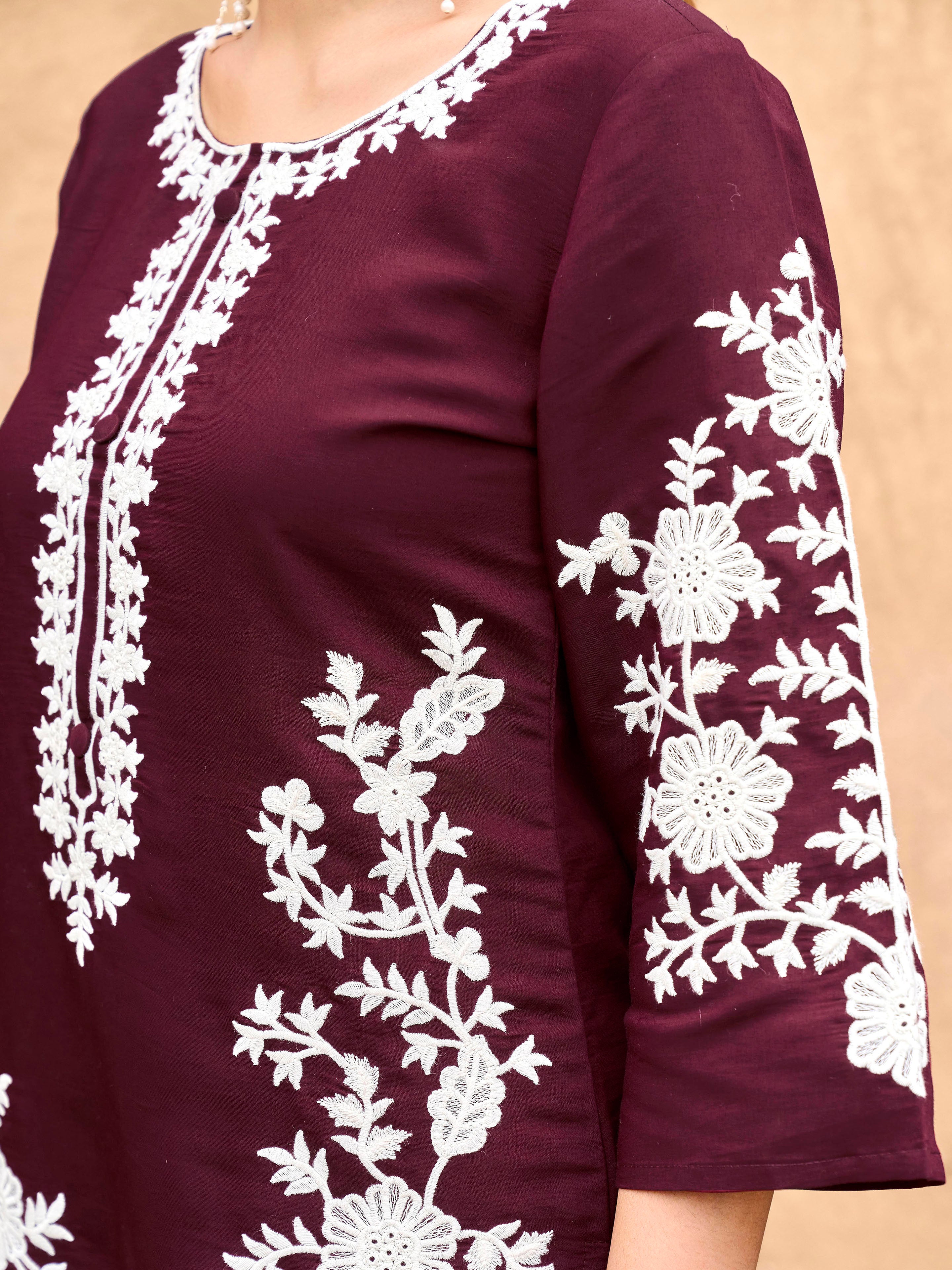 Burgundy color silk blend with off white thread embroidered kurta & trouser with dupatta set